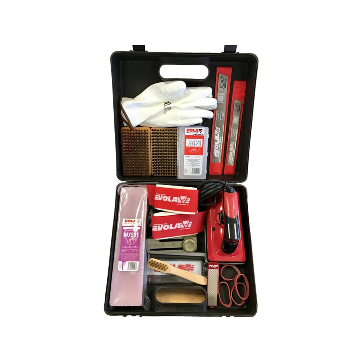 VOLA Alpine Set includes : 1 corner club 88°, 1 file 200mm, 1 file 150mm, 1 diamond plate 600, 1 waxing iron VOLA, 1 nylon brush, 1 brass brush, 1 horse hair brush, 1 file brush, 1 scraper 3mm, 2 break retainers, 1 MX901 500g, 1 R021 200g