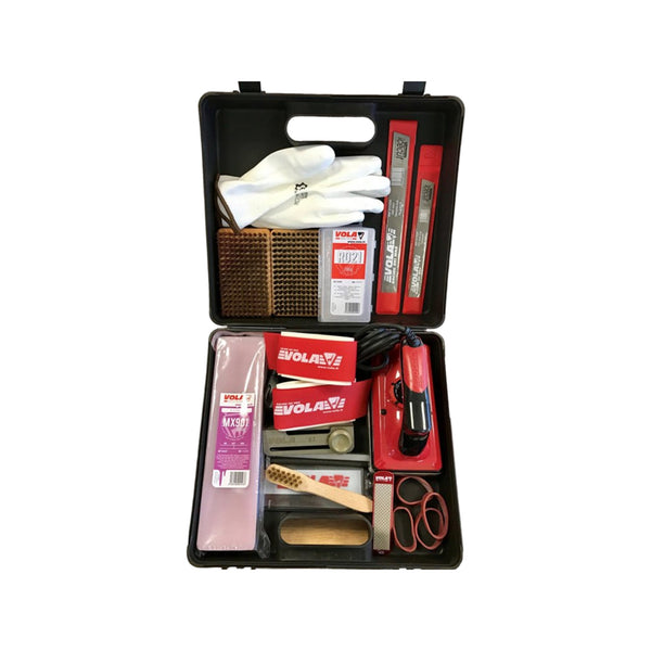 VOLA Alpine Set includes : 1 corner club 88°, 1 file 200mm, 1 file 150mm, 1 diamond plate 600, 1 waxing iron VOLA, 1 nylon brush, 1 brass brush, 1 horse hair brush, 1 file brush, 1 scraper 3mm, 2 break retainers, 1 MX901 500g, 1 R021 200g