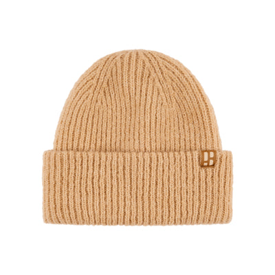Beige geribbelde gebreide muts met omgeslagen rand en goudkleurig logo-detail