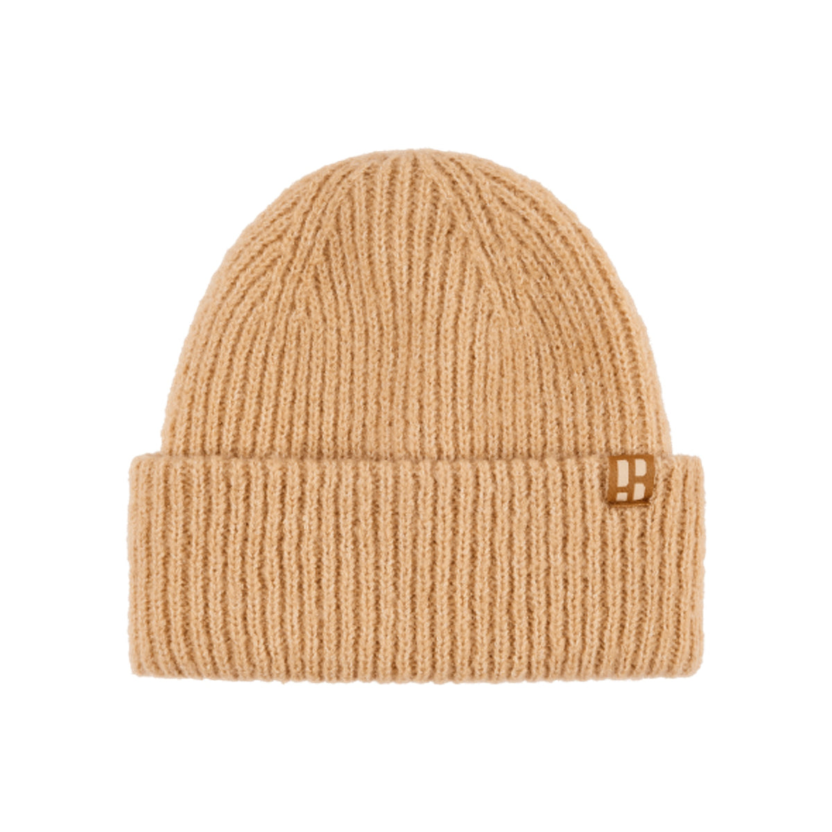Beige geribbelde gebreide muts met omgeslagen rand en goudkleurig logo-detail