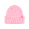 Roze geribbelde gebreide muts met omgeslagen rand en rood logo label