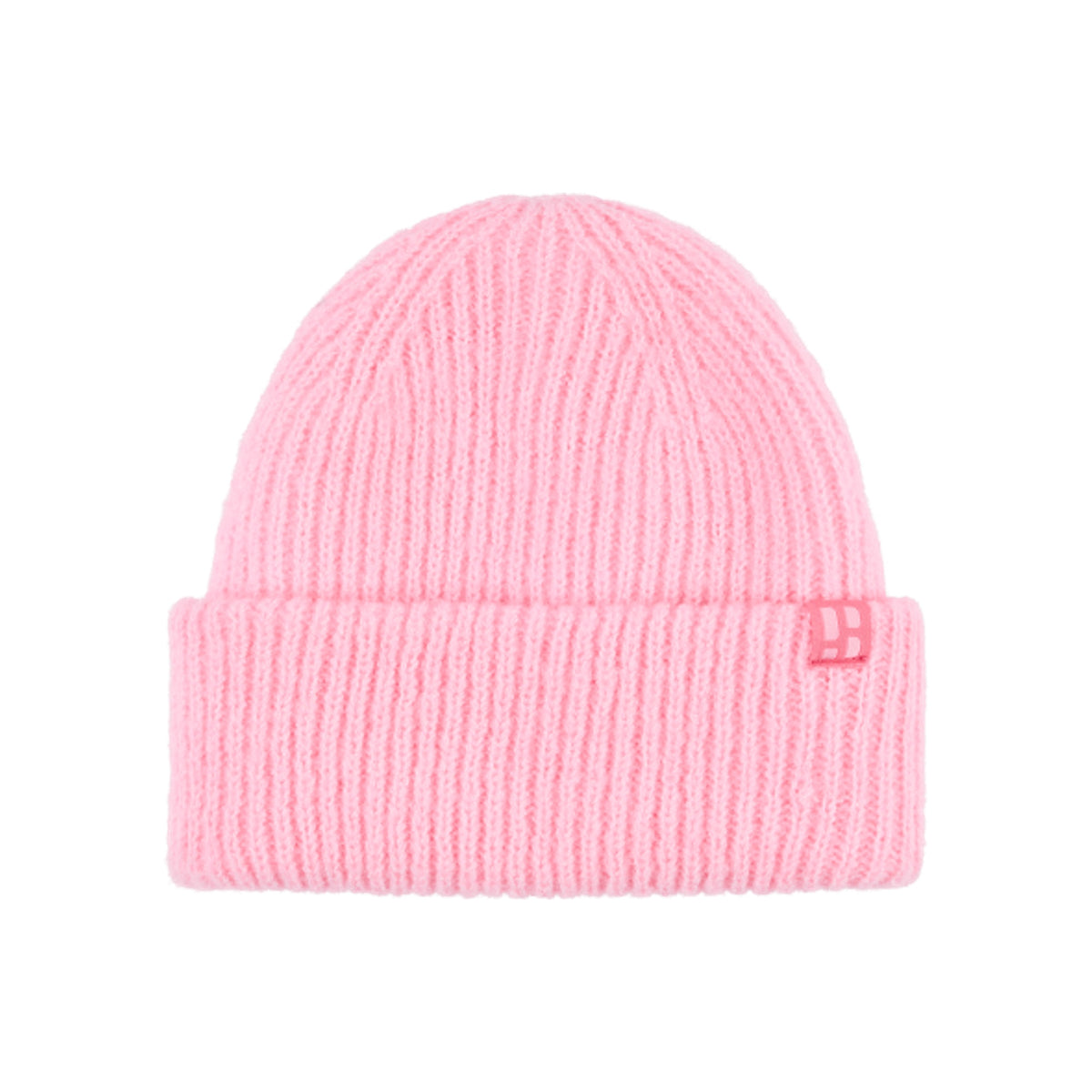 Roze geribbelde gebreide muts met omgeslagen rand en rood logo label