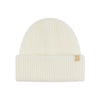 Witte gebreide beanie muts met omgeslagen rand en bruin merklogo label