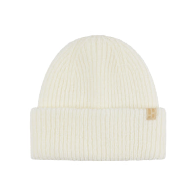 Witte gebreide beanie muts met omgeslagen rand en bruin merklogo label