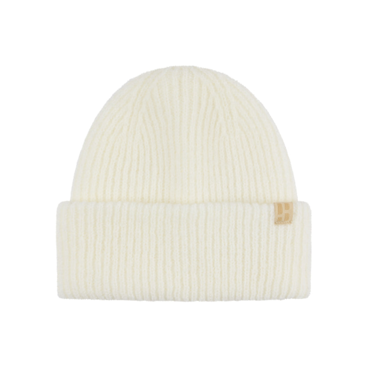 Witte gebreide beanie muts met omgeslagen rand en bruin merklogo label