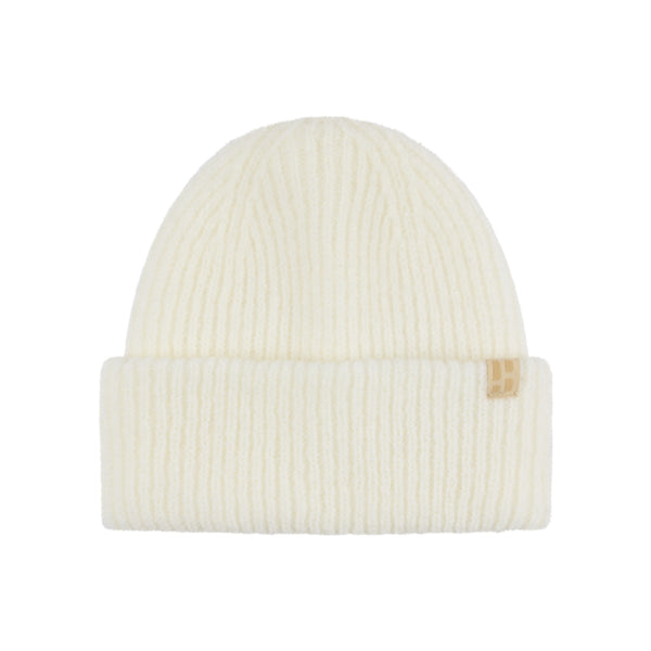 Witte gebreide beanie muts met omgeslagen rand en bruin merklogo label