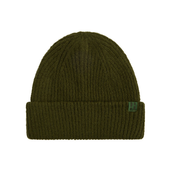 Donkergroene geribbelde beanie muts met omgeslagen rand en groen label