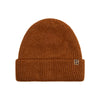 Bruine gebreide muts met omgeslagen rand en label - warme winterbeanie
