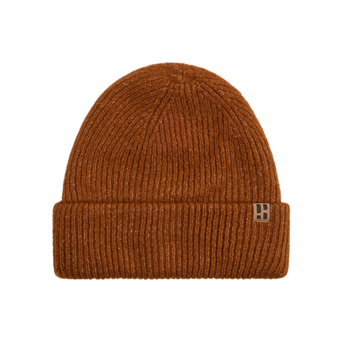 Bruine gebreide muts met omgeslagen rand en label - warme winterbeanie
