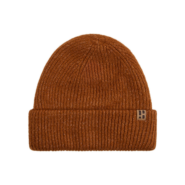 Bruine gebreide muts met omgeslagen rand en label - warme winterbeanie