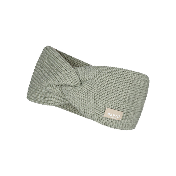 Gebreide hoofdband in saliegroen met gedraaid detail en label - winter accessoire voor dames
