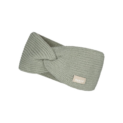 Gebreide hoofdband in saliegroen met gedraaid detail en label - winter accessoire voor dames