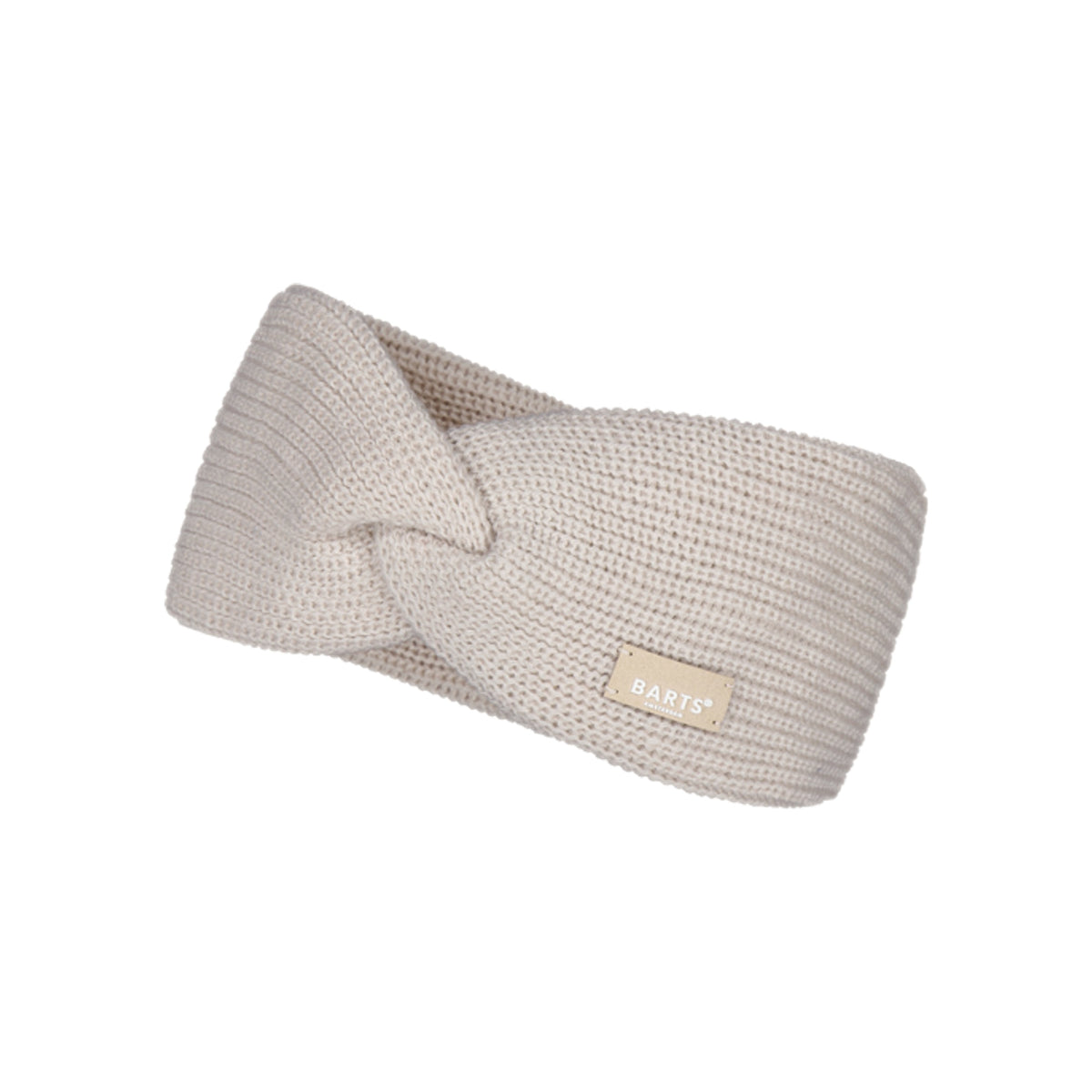 Beige gebreide hoofdband met gedraaid detail en merklabel voor dames winter accessoire