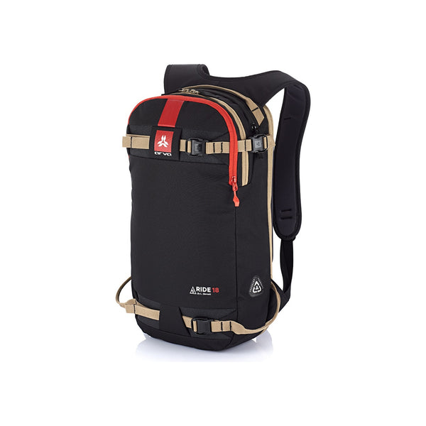 Zwarte rugzak met rode rits en beige accenten, ideaal voor dagelijks gebruik en outdoor activiteiten