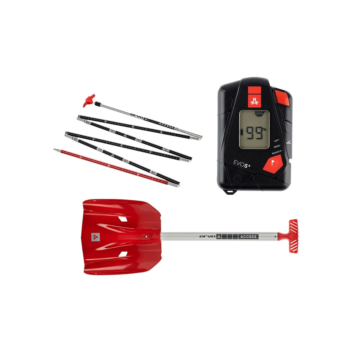Lawineset met sonde, schep en pieps transceiver voor veiligheid bij skitochten en off-piste skiën