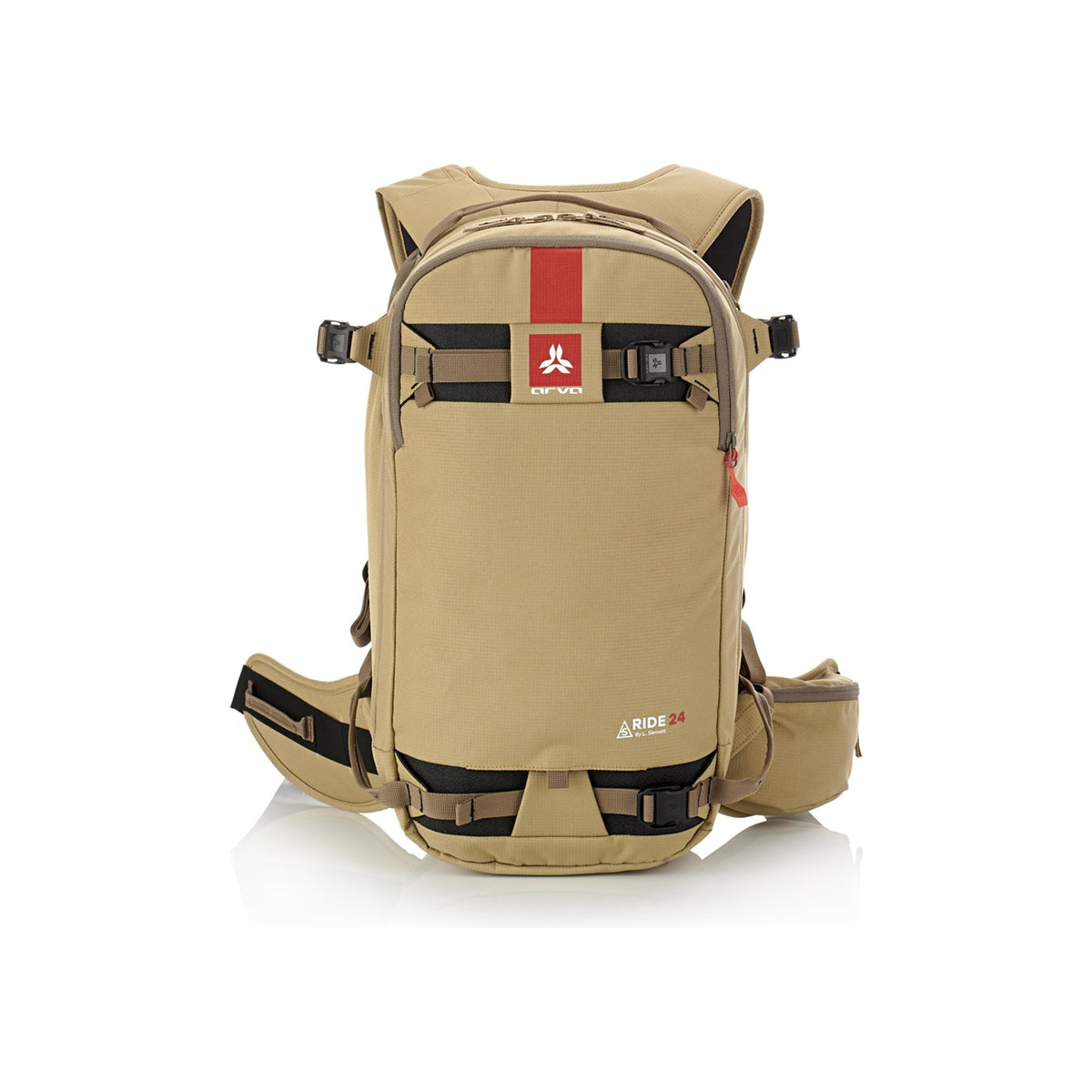 Beige rugzak met rode accenten en meerdere vakken, ideaal voor outdoor activiteiten en wandelen