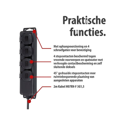 Brennenstuhl Stopcontactverdeler IP44 4-voudig zwart 2m