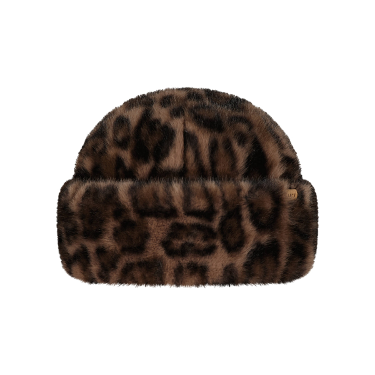 Bruine pluche muts met luipaardprint en omgeslagen rand