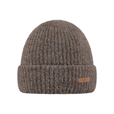Grijze gebreide muts met opgerolde rand en leren label - warme winterbeanie