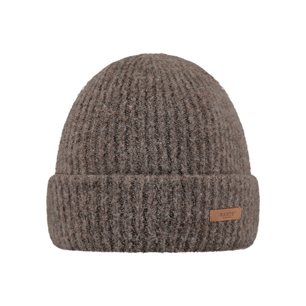 Grijze gebreide muts met opgerolde rand en leren label - warme winterbeanie