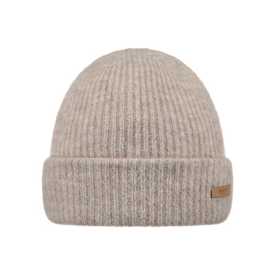 Beige gebreide muts met omgeslagen rand en leren label