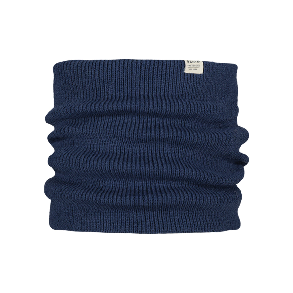 Donkerblauwe geribbelde colsjaal van gerecycled materiaal met label