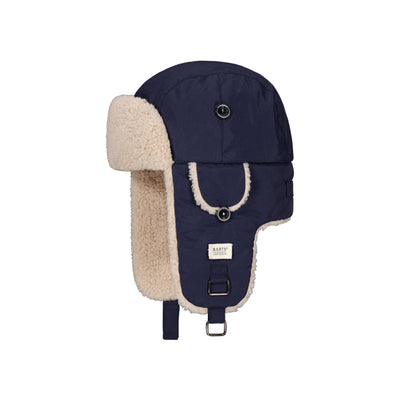 Navy blauwe wintermuts met beige bontvoering en oorflappen, trapperstijl met kinbandsluiting