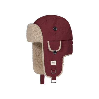 Bordeauxrode wintermuts met warme fleece oorflappen en kinband