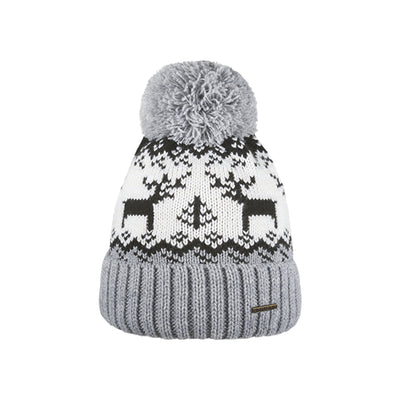Grijze gebreide wintermuts met pompon en sneeuwvlok patroon