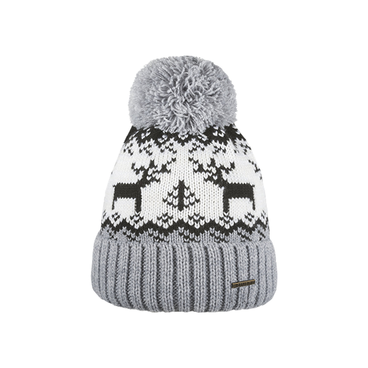 Grijze gebreide wintermuts met pompon en sneeuwvlok patroon