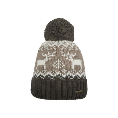 Gebreide wintermuts met pompon en Noors patroon in grijs, wit en bruin