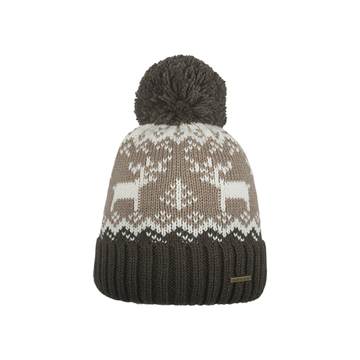 Gebreide wintermuts met pompon en Noors patroon in grijs, wit en bruin