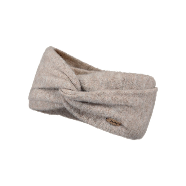 Beige gebreide haarband met geknoopt detail en wollig textuur voor dames
