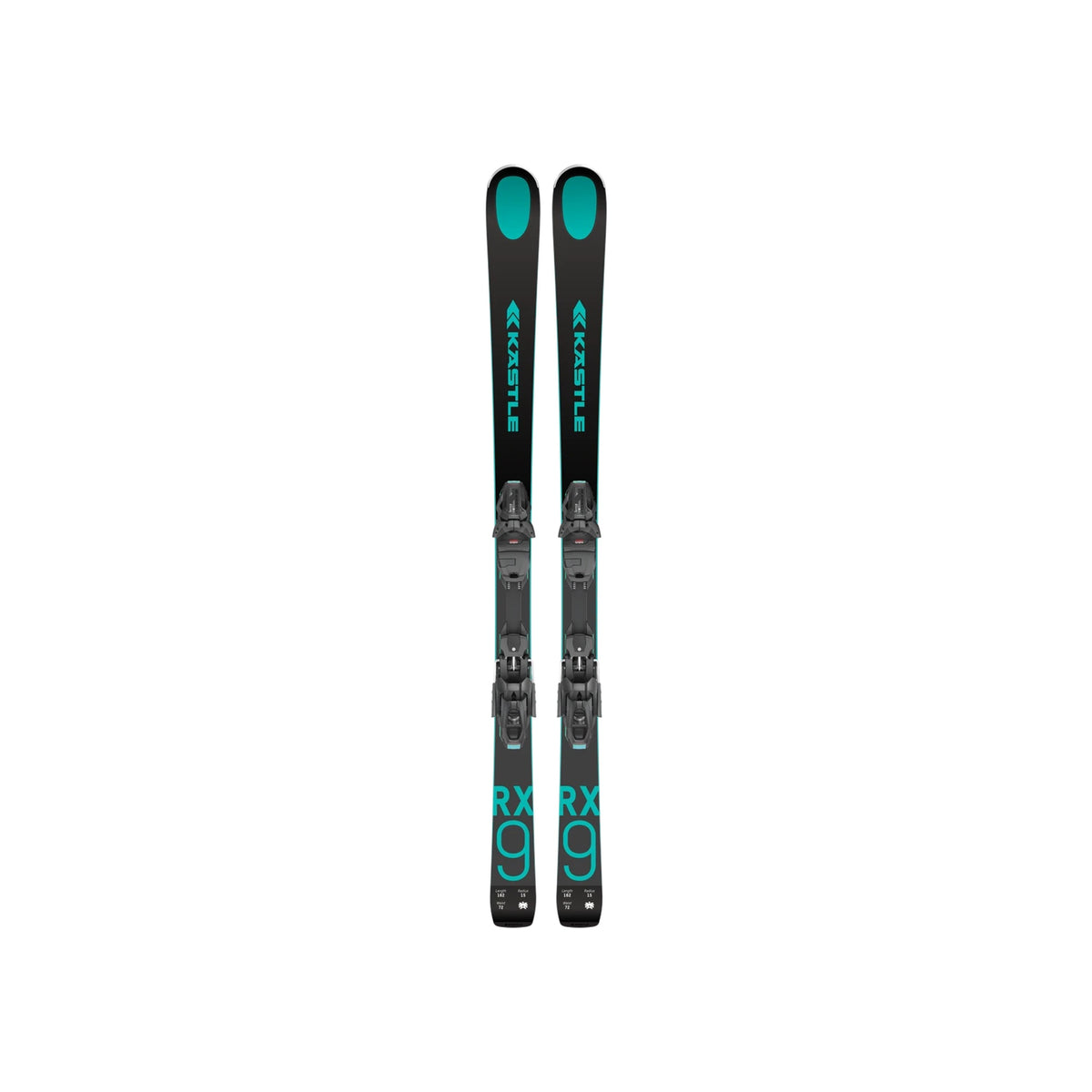 Zwarte en turquoise ski's met bindingen, zijaanzicht van alpineskiset voor wintersport
