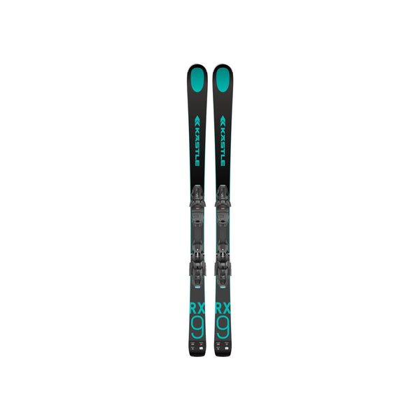 Zwarte en turquoise ski's met bindingen, zijaanzicht van alpineskiset voor wintersport