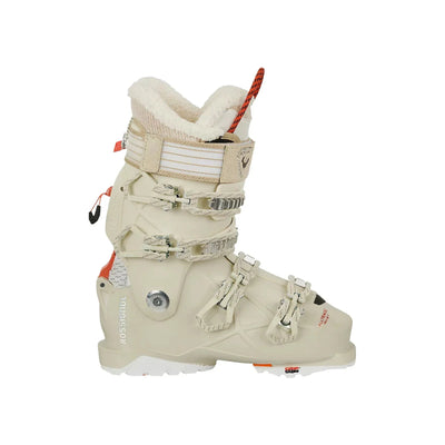 Witte dames skischoenen met vier gespen en walk-modus voor comfort en prestaties op de piste