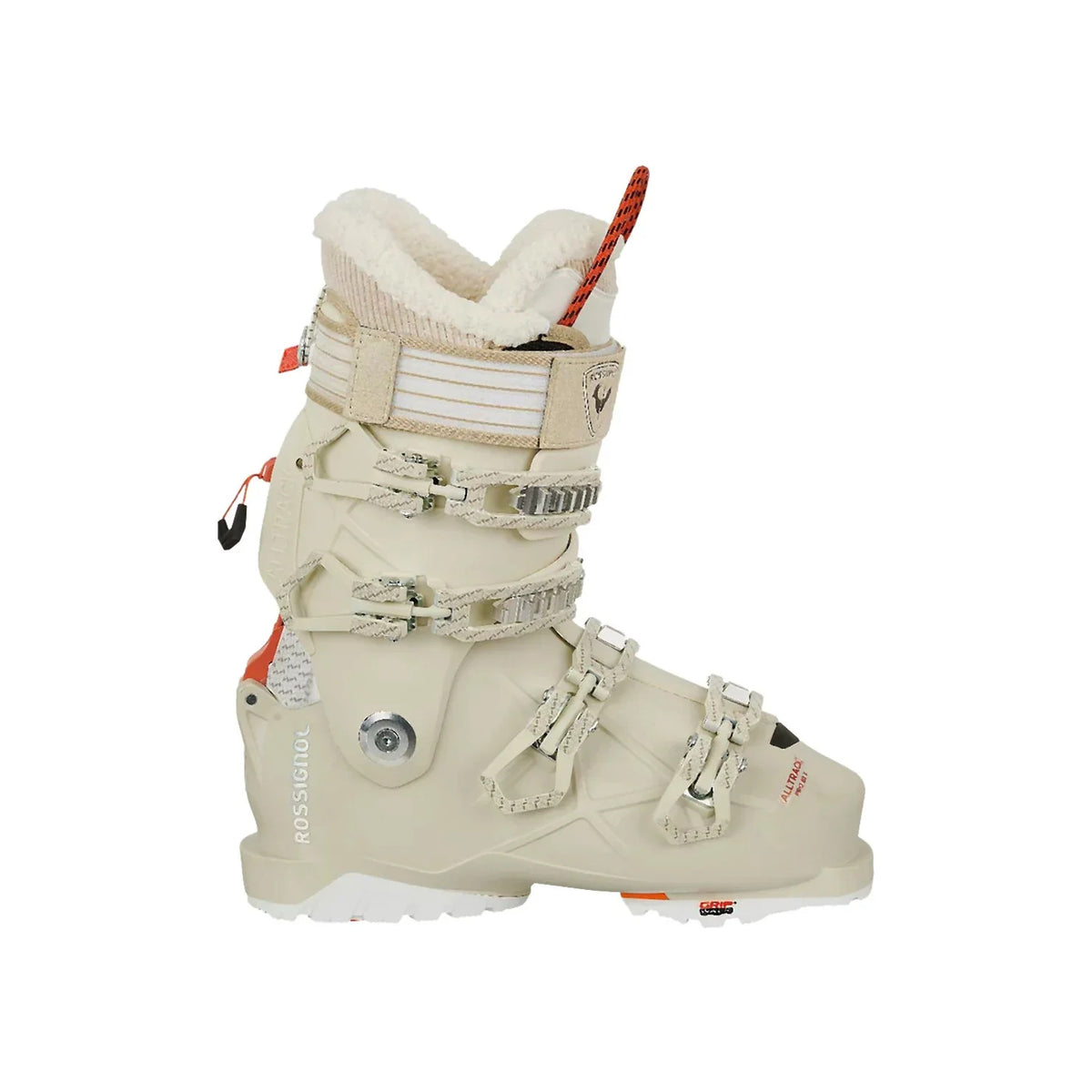 Witte dames skischoenen met vier gespen en walk-modus voor comfort en prestaties op de piste