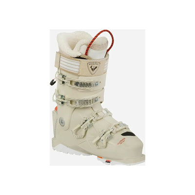 Beige dames skischoen met vier gespen en wollen voering - alpine skiboot