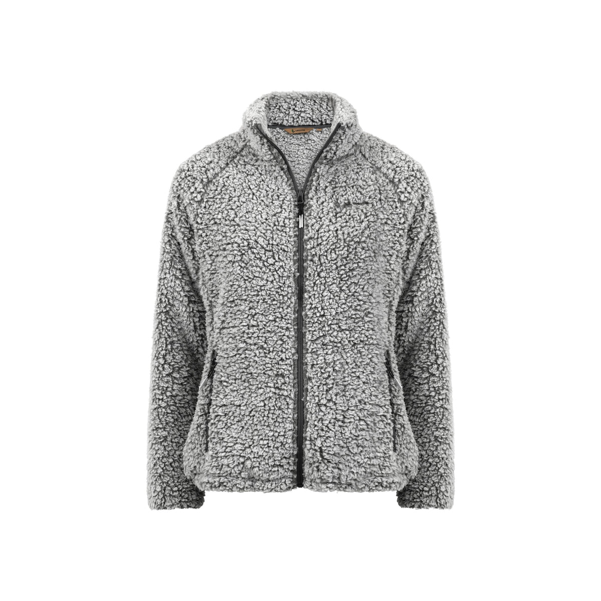 Grijze pluizige fleece jas met rits en opstaande kraag voor dames