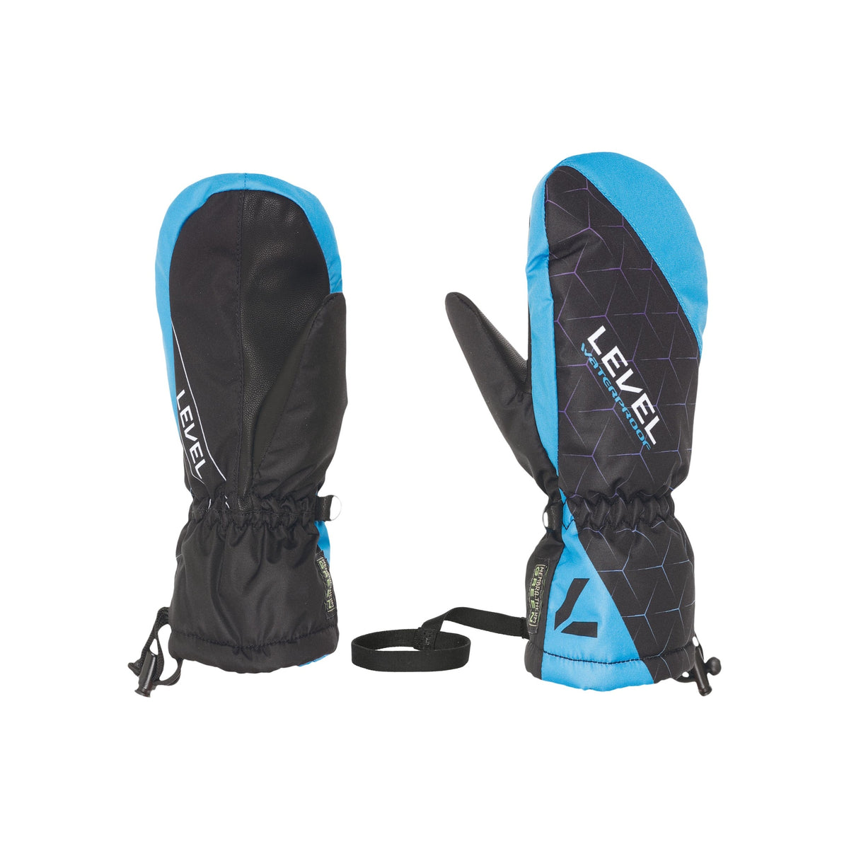 Level Juke Junior skiwanten zwart-blauw met verstelbare polsband en veiligheidskoord