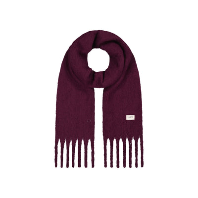 Paarse sjaal met franjes en label - winteraccessoire in bordeauxrood