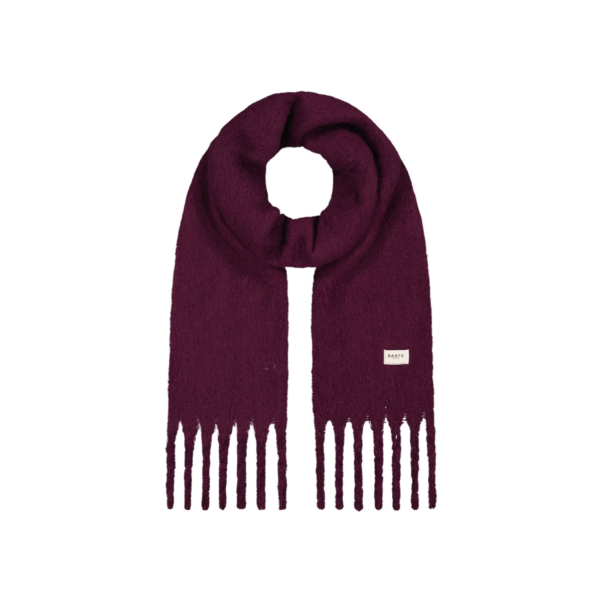 Paarse sjaal met franjes en label - winteraccessoire in bordeauxrood