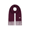 Paarse sjaal met franjes en label - winteraccessoire in bordeauxrood