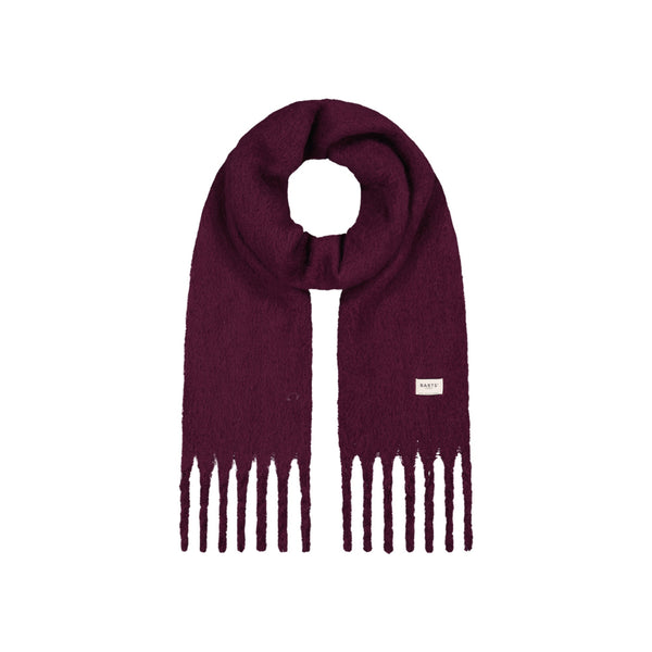 Paarse sjaal met franjes en label - winteraccessoire in bordeauxrood
