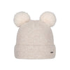 Beige gebreide babymuts met twee pluizige pompons en omgeslagen rand