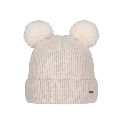 Beige gebreide babymuts met twee pluizige pompons en omgeslagen rand