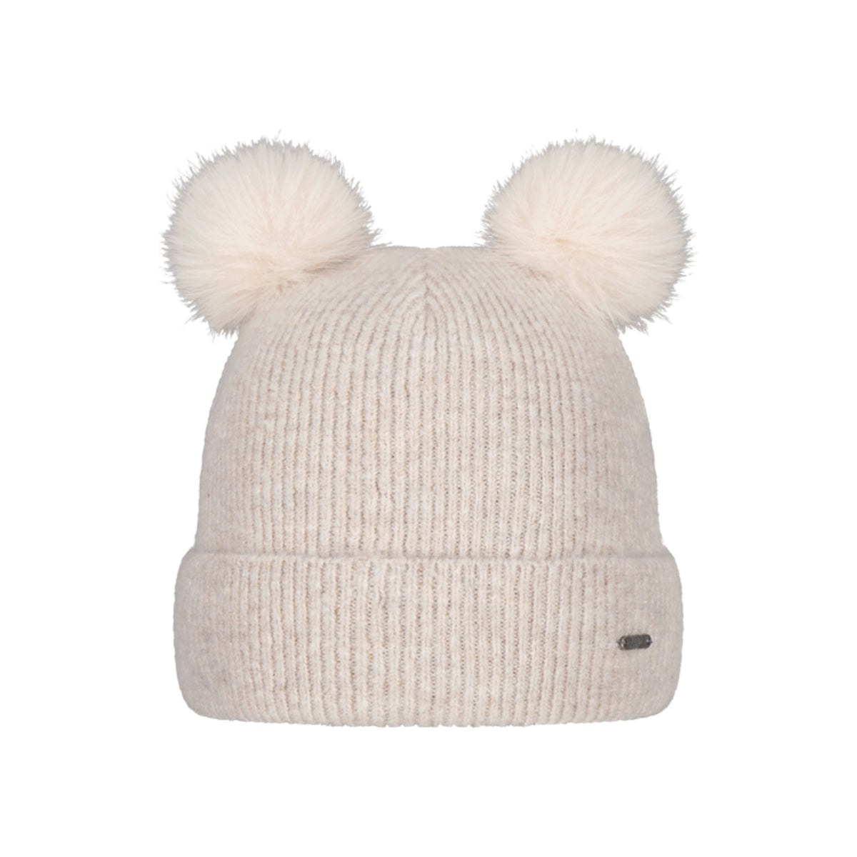 Beige gebreide babymuts met twee pluizige pompons en omgeslagen rand