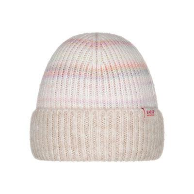 Gebreide beige muts met omgevouwen rand en merklogo label