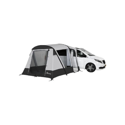 Outwell bustent campervoortent grijs zwart aangesloten op witte camper zijkant aanzicht