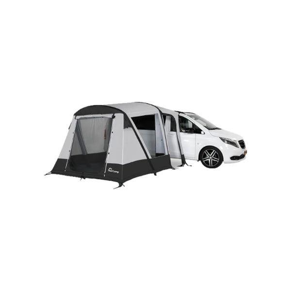 Outwell bustent campervoortent grijs zwart aangesloten op witte camper zijkant aanzicht